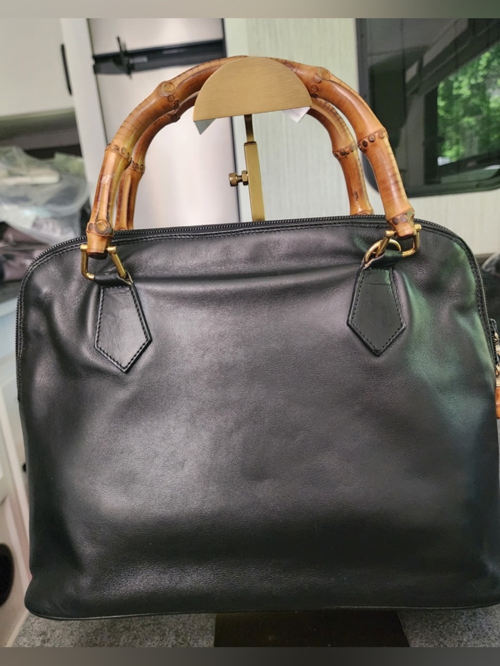 Gucci Lady Diana Black Leather Tote with Bamboo Top Handles & Zipper Pulls